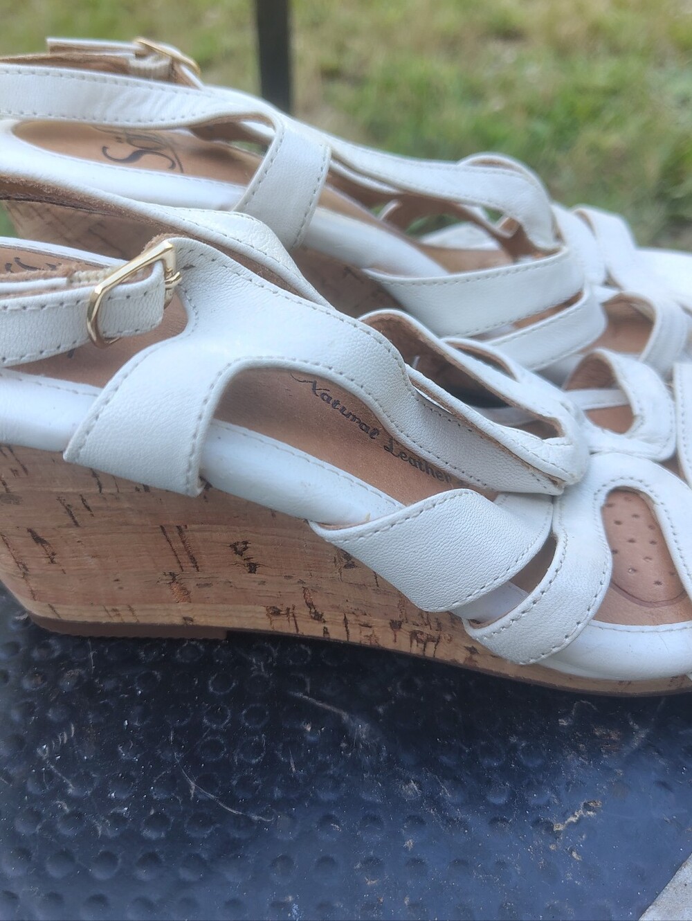 White Cork Wedge Sandals - Women's Strappy Leather Wedges Soft 7